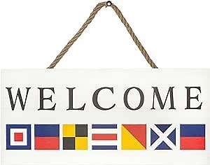JennyGems Coastal Nautical Maritime Flag Welcome Sign for Front Door, Beach House Welcome Signage, American Made