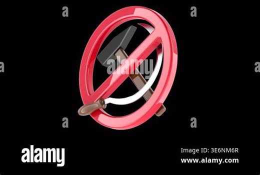Hammer and sickle symbol with prohibition sign, rotation animation seamlessly loopable. 3D rendering isolated on transparent background Stock Video Footage - Alamy