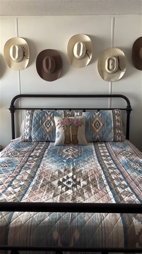 Let Lone Star Western Decor help you get ready for Spring! See how @cowgirlinspurs on IG uses our Southwest Dream Quilt Bed Set and the Boots & Blooms Hooked Pillow to refresh her bedroom. Shop now! https://bit.ly/4c6jSNO | Lone Star Western Decor