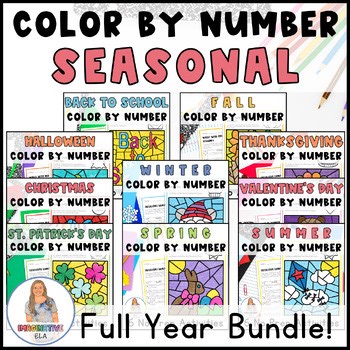 Seasonal and Holiday Color by Number Activities for ELA Year Long Bundle
