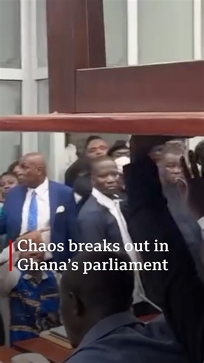 Ghanaian lawmakers vandalized parliamentary property Thursday night as opposition members protested the late-night extension of ministerial vetting past 11:00 PM. Tables, microphones, and sound equipment were among the items destroyed. | BBC News Africa
