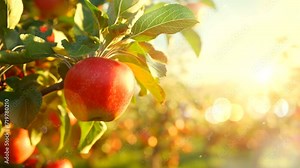 apple tree with red apple fruit on field on golden time sunlight video looping background