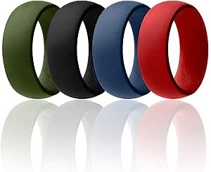 ROQ Silicone Rubber Wedding Ring for Men, Comfort Fit, Breathable Rubber Engagement Band, Men's Wedding Band, 8mm Wide 2mm Thick, Dome Solid, 4 Pack, Olive Green, Black, Blue, Red, Size 11