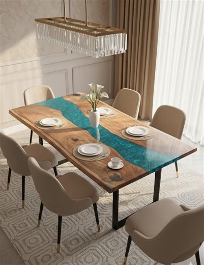 Custom Blue Epoxy River Table, Ocean Resin Dining Table, Turquoise Epoxy Top, Live Edge Sofa Center Table, Natural Wood Table - Etsy