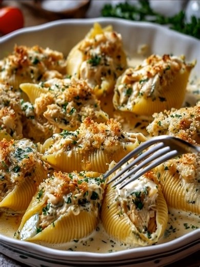 Stuffed Shells Chicken Garlic 🍝🐔🧄 Ingredients: - Jumbo pasta shells: 20–24 shells (about 12 oz / 340 g dry) - Cooked shredded chicken: 2 cups (about 12 oz / 340 g) — rotisserie or poached - Ricotta cheese: 15 oz (425 g) - Shredded mozzarella cheese: 2 cups (about 8 oz / 225 g), divided - Grated Parmesan cheese: 1/2 cup (about 50 g), divided - Large egg: 1 (about 50 g) - Fresh garlic: 4 cloves, minced (about 12 g) - Olive oil: 2 tbsp (30 ml) - Yellow onion: 1 small, finely chopped (about 1/2 c