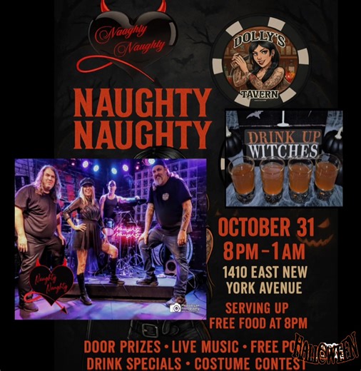 Looking for Halloween plans? Join us at Dolly's Olde Time Tavern in Deland for a night of enjoyment and amusement, highlighted by Naughty Naughty fun. The celebration begins at 8pm, offering free food, drink specials, and a costume contest. We look forward to welcoming you. 😈 Dolly's Olde Time Tavern | Naughty Naughty Band
