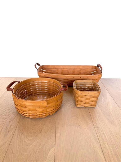 Vintage Longaberger Handwoven Baskets Set, Leather Handles, Farmhouse Storage Liners - Etsy Canada