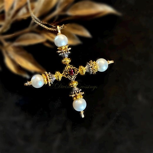 LARGE Pearl Byzantine Etruscan Cross W Garnet, Renaissance Silver and Gold Crucifix, Renfaire and SCA Jewelry - Etsy