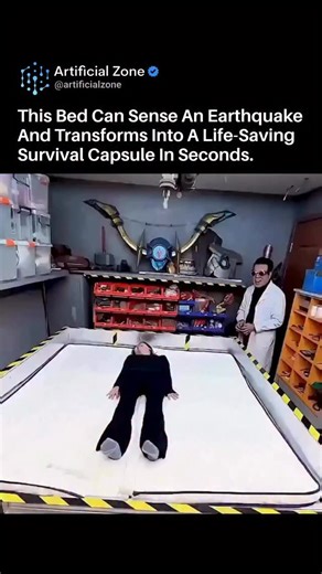 AI | Technology on Instagram: "A bed that can protect you before you even wake up is one of the smartest safety innovations ever made. This disaster-response bed is built to detect danger and automatically convert into a protective capsule. When it senses seismic movement or signs of a collapsing structure, the frame quickly closes and encloses the sleeper inside a reinforced compartment designed to withstand heavy debris. Inside the capsule is a compact emergency setup. Some models come equippe