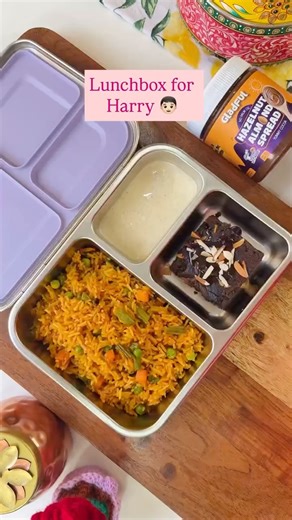 Shobha & Agrima 🤍 on Instagram: "Lunch Box Idea for My 7-Year-Old TODAY’S MENU 🥗 💗 Fried Rice 💗 Veg Raita 💗 Choco Brownies made using @be.gladful Hazelnut Almond Spread which is rich in zinc, calcium , protein 🫶🏻 It’s sweetened with Jaggery 😋 & contains NO PALM OIL ❌ Made it’s base using Choco Millet Masoor Pancake mix which is high in protein, rich source of fibre and has no palm oil Everything is homemade and organic. 🫶🏻 Follow @shobhacookverse for more such amazing lunch box ideas!