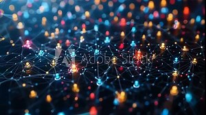 Complex network visualizing the flow of finance information with glowing nodes representing users and lines illustrating connections between them