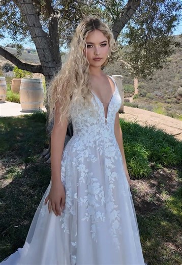 Obsessed with the texture on this romantic wedding dress 😍 the Chantilly lace bodice plus sequin lace appliques over soft tulle is everything for the whimsical bride #R3914 #romance #bride