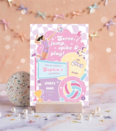 Volleyball Birthday Invitation, Editable Canva Volleyball Party Invite, Preppy Retro Pastel Teen Girl Sports Card Any Age - Etsy