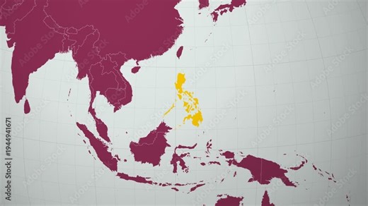 Philippines map. Animated zoom into the country on the Globe in Pale Mint Dark Pink color palette. Country logo animation with round text and airplanes. Map with meridians, parallels. Alive video.