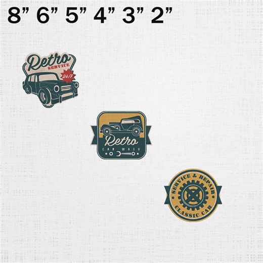 Retro Car Badges Embroidery Designs – Sticker Style Digital Embroidery - 3 Design ; 6 Sizes