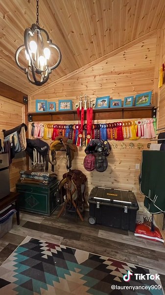 Tiny tack room tour 🥰 Questions welcome! #stablelife #equestrian #dreambarn #goals #horsesoftiktok #tackroomgoals #tackroom #horsetok #organize