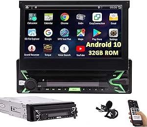 7 inch Flip-Out Single Din Touchscreen Car Stereo Android 10.0 Car Radio with Bluetooth Detachable Panel in Dash GPS Navigation Head Unit 1 Din Video Player WiFi Screen Mirror 32GB ROM+External Mic