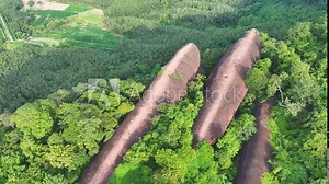 Drone flying over. Three whale stones.moving around the Beautiful summer landscape .Top view to the mountain looks like whale family.in Phu Sing National Country park in Bueng Kan, Thailand.