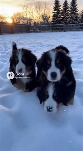 Bernese mountain dog puppies playing in the snow ❄️