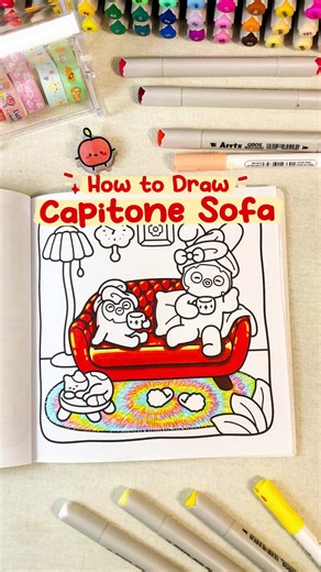 How To Draw Capitone Sofa ✨ The key to making a capitone sofa look real is depth and texture. Start with a warm base color, then add darker tones inside each tuft to create that padded effect. Don’t forget the tiny highlights on the edges to make it look plush 💛 💗 Save this coloring tutorial for your next page 💗 Cozy coloring page from Calm Days coloring book #howtodraw #coloringtutorial #coloringtips #colortok #fyp