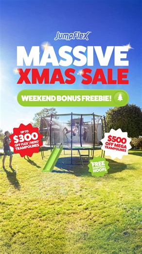 The Jumpflex Massive Christmas Sale - now with a bonus freebie this weekend only! 🎄🎁 If you've been looking for a way to get the kids outdoors and having fun over the holidays, this might be the perfect option! 🙌 Save up to $300 off our FLEX™ and HERO™ trampolines (8ft up to 15ft)... ... or up to a massive $500 off our brand new MEGA range 💥 (17ft and 19ft). Plus for this weekend only, a free PROJAM basketball hoop & ball (valued at $119.95) 🏀 Free 1-2 day delivery included! 🤝🚐 Backed by 