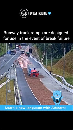 Evolve Insights on Instagram: "Runaway truck ramps are emergency escape lanes built along highways, especially on steep downhill slopes. They are designed to stop heavy trucks safely when brakes fail due to overheating or mechanical issues. These ramps are usually filled with gravel, sand, or loose material that increases rolling resistance. Some are uphill ramps, using gravity to slow the truck down. Others combine deep gravel and long inclines to absorb the massive kinetic energy. Once inside,