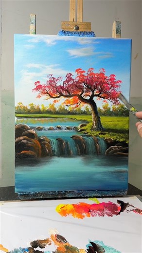 Easy Autumn Tree Painting by Waterfall 🍁 Relaxing Acrylic Art #Shorts