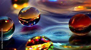 A collection of colorful glass spheres floating on water. The spheres are of different sizes and colors, creating a vibrant and dynamic scene. The water serves as a reflective surface