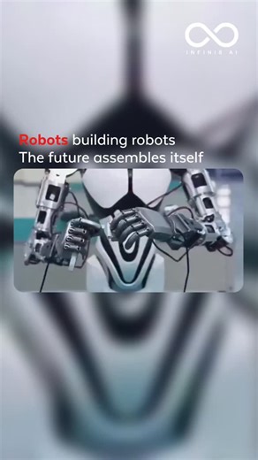 Infini8 AI | Latest AI & Tech Updates on Instagram: "Robots making robots, and doing it with machine level patience and precision 🤖 Industrial robotic arms, vision systems, and autonomous assembly lines are now building other robots with micron level accuracy. From chassis alignment and sensor calibration to circuit placement and quality inspection, every step is automated, monitored, and optimized by software. AI driven control systems handle path planning, force control, and error correction 