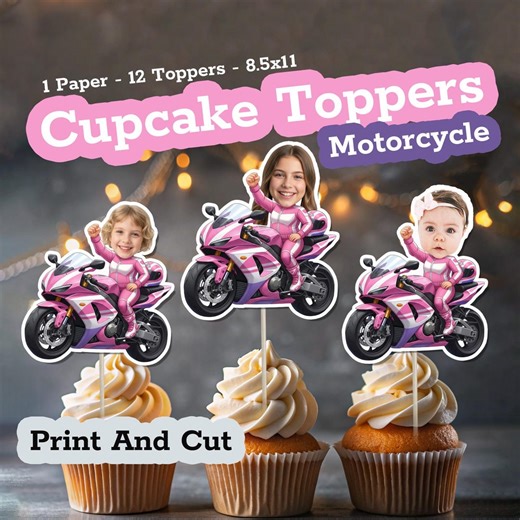 PINK MOTORCYCLE Printable Personalized Face Cupcake Toppers for Girl Birthday Party or Baby Shower Born to Ride Motorcycle Table Decor - Etsy