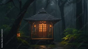Cozy cabin in the woods. Lantern glowing and rain falling at nighttime. Japan styled. Meditation rest, deep sleep relax concentration study atmosphere.