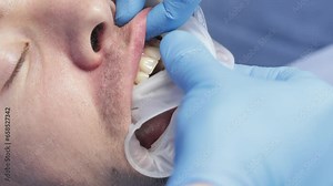 Man dentist in gloves takes an intraoral lip and cheek retractor in into patients mouth. Male patient wearing dental gag lying in dentists chair. Disposable rubber mouth opener