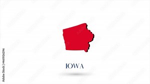 3d animated flat map showing the state of Iowa from the United State of America on white background. USA. Rotating map of Iowa with shadow. USA. 4k