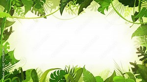 Jungle Tropical Landscape Animation Background Loop/ 4k animation of a jungle landscape background, with ornaments made of leaves and foliage of tropical plants and trees in the wind, seamless looping
