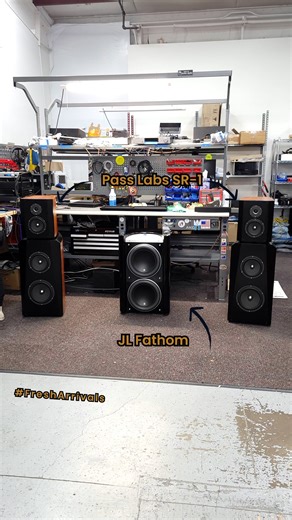 We had these two come in to #FreshArrivals at the same time... So we thought we would have a little fun!! 🤪 JL **Gotham** Subwoofer Pass Labs SR-1 Floorstanding Speakers | The Music Room
