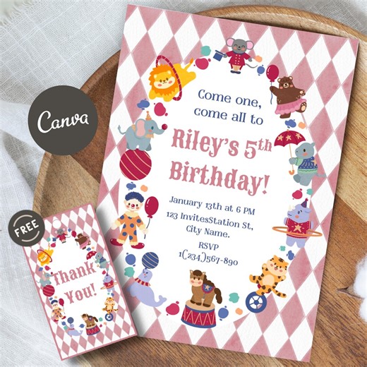 Pink Circus Birthday Invitation, Carnival Birthday Invite, Harlequin Party Theme, Editable Canva Template - Etsy