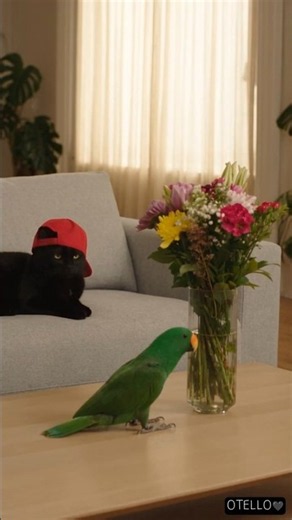 The parrot frames Otello, who takes the fall 🦜🐈⬛😿 #cat