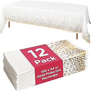 Prestee 12-Pack White and Gold Tablecloth - 54x108 Inch - Disposable Table Covers for Party, Weddings, and Holidays - Waterproof Christmas Tablecloth, Stain-Resistant Plastic Table Cover Set