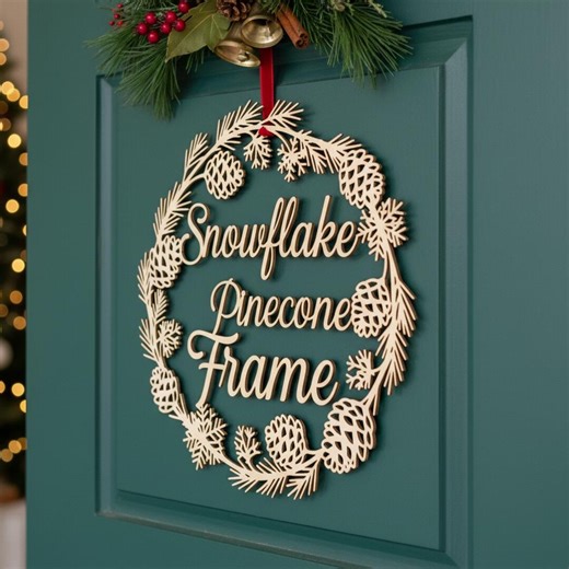Christmas Door Hanger SVG Laser Cut File, Cursive Snowflake Pinecone Frame Sign for Winter Holiday Decor - Etsy