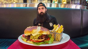 Last time I was in Edinburgh I had a crack at Scotland's biggest burger challenge, which has been around for well over a decade... Diners get 45 minutes in which to finish a huge burger, chock full of all manner of stuff, plus some chips. If you can join the handful of people who've managed it, not only is the £28 meal FREE but you could a winner's hoodie too! | Beard Meats Food