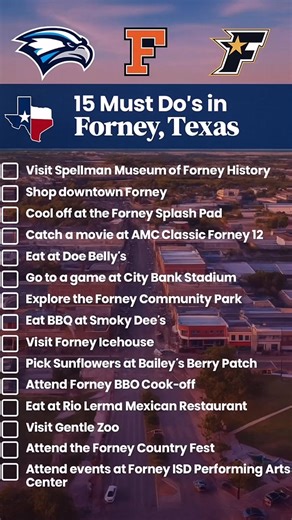 🏡 FORNEY, TX ✨ 15 Must-Do’s in Forney, TX! Small-town feel with big-city access 🏡, strong school pride 🏫, and growing neighborhoods make Forney ideal for first-time buyers and families. If you’re thinking about relocating to Forney, let’s talk strategy. 📲 Contact your Home Concierge: Davarus Bell 📞 817-617-9654 📧 dbell@betterdevelopmentrealtygroup.com #ForneyTX #ForneyHomes #EastDallasLiving #FamilyFriendlyTX #MoveToTexas | Davarus Bell - Real Estate Agent