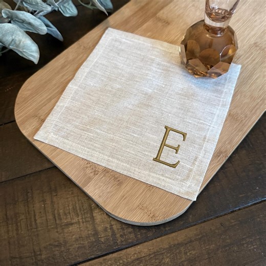 Monogrammed Embroidered 100% Linen Cloth Sandy Beige Tan Cocktail Napkins, Set of 4, Embroidered Cocktail Hemmed Khaki Cloth Napkins - Etsy