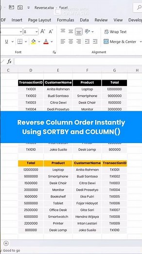 Reverse Columns in Excel with One Formula. #ExcelTips #SORTBY #ExcelFormula