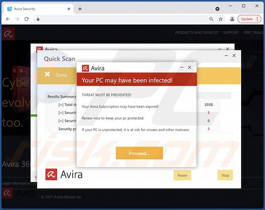 Avira - Ihr PC könnte infiziert sein POP-UP Betrug