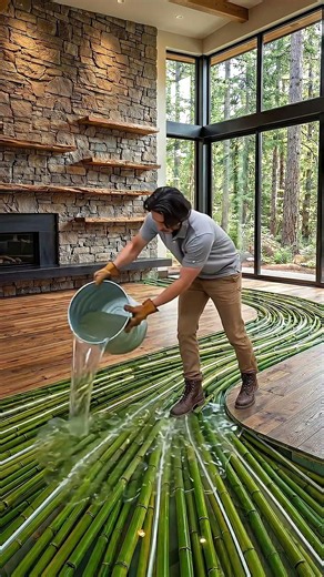 A glowing bamboo river right in the living room! #epoxyfloor #bamboodesign #resinart #ledlighting