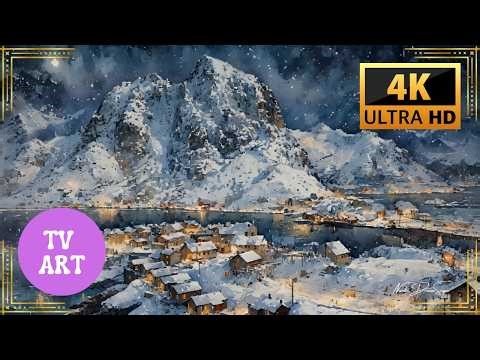 A Peaceful Arctic Village Glowing Under A Snowy Mountain | Nordic | Norway | 4K Frame TV Art