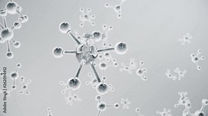 3D animation molecule structure. Scientific medical background with atoms and molecules. Grey background. Scientific animation for your banner, text. Molecule consists of atoms chemical element