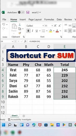 Shortcut Key For SUM in Excel | Tips and Tricks #shorts #asmr #computer #excel