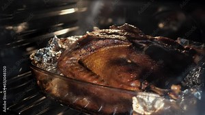 Cooking a whole duck in the oven. Roasting meat in the oven for a special dinner and holiday celebration. Close-up of the crust of a roasted bird during frying. Cooking in home kitchen in a gas stove