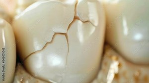 A detailed close-up image of a cracked molar tooth, showing multiple fractures. The image highlights the intricate details of the tooth structure, emphasizing